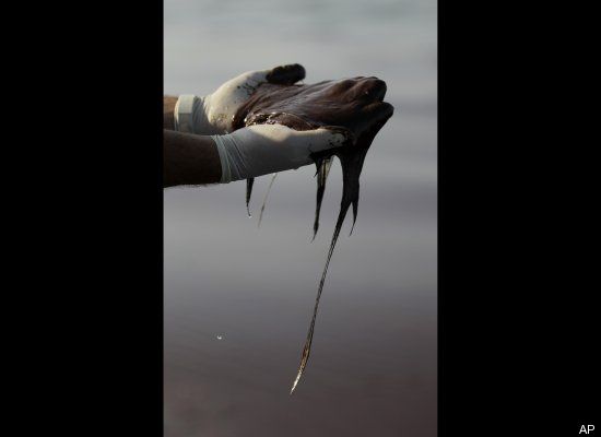 oil scooped up on gloves